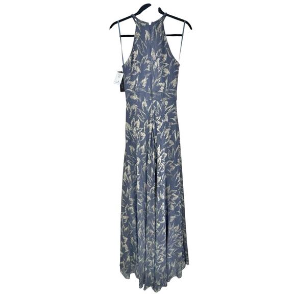 Betsy & Adam Long Foil Print Halter maxi Dress Sleeveless Steel/Gold Size 2 NWT - Picture 4 of 12